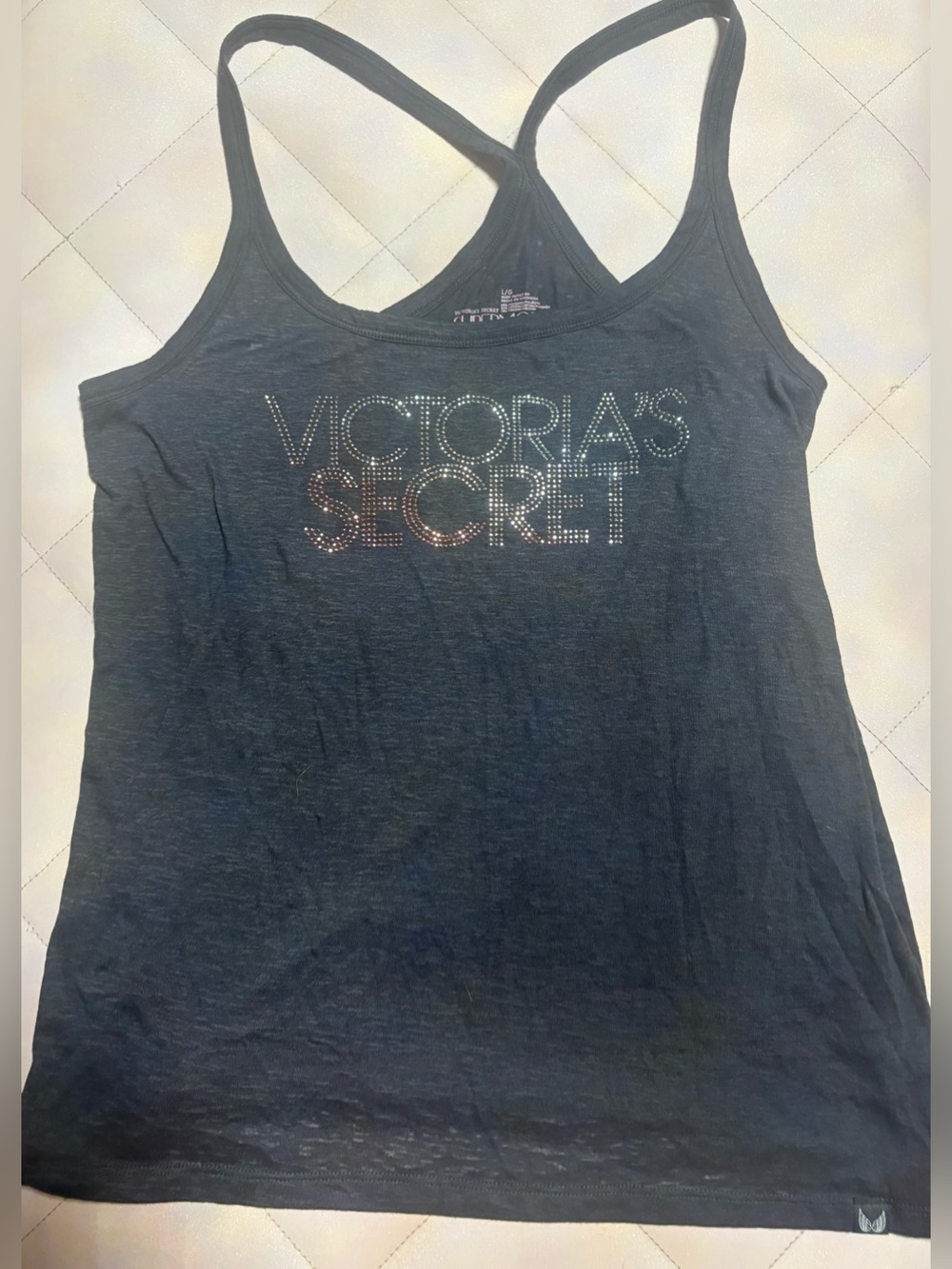 Y2K Victoria’s Secret Black Rhinestone Bling Logo Tank Top Size Large